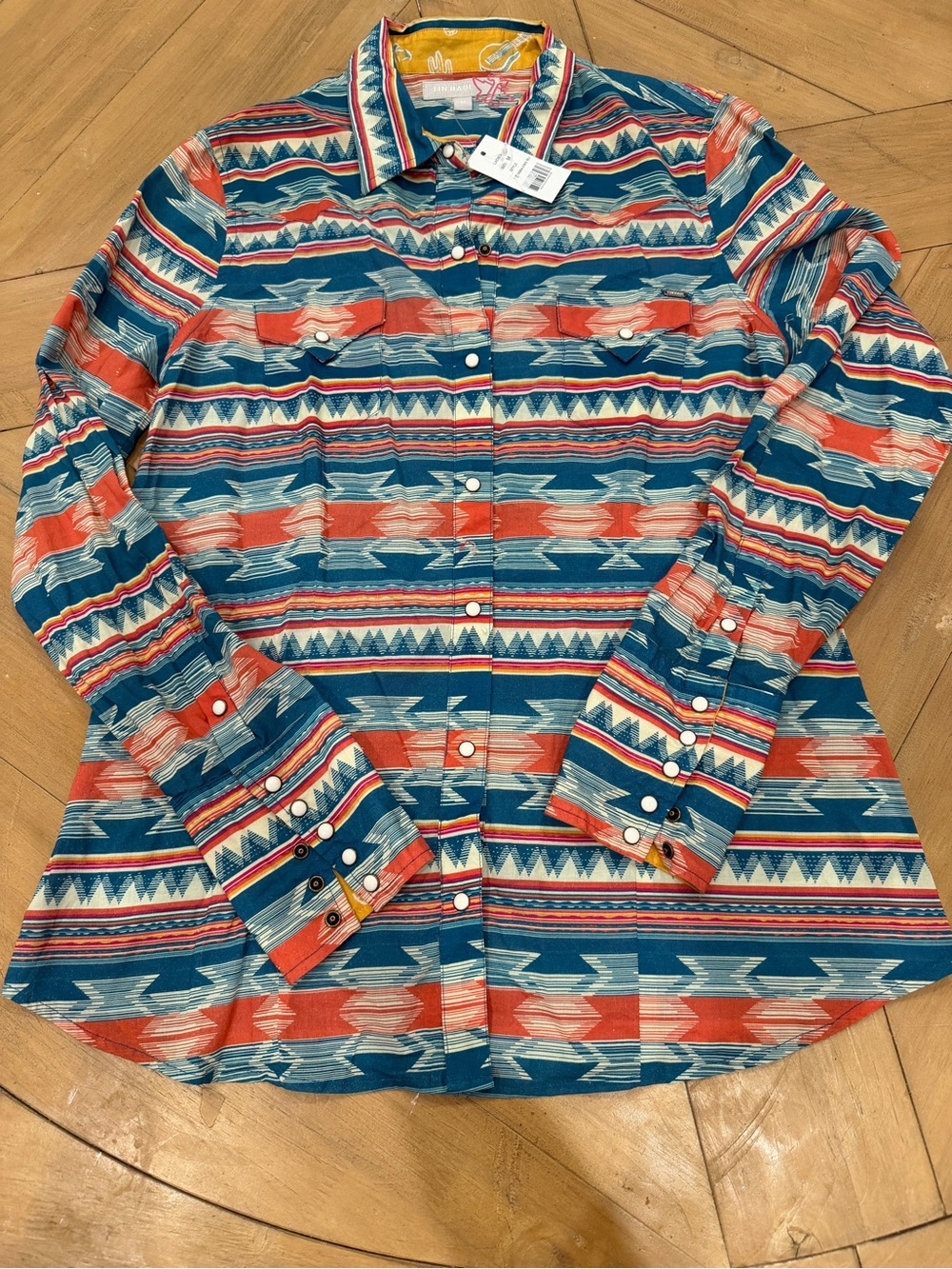 Tin Haul Women’s Aztec Snap Button-Down Shirt in Teal & Coral M NWT